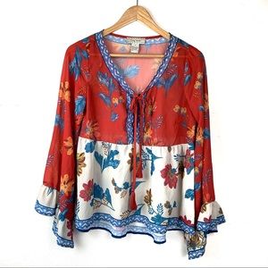 Flying Tomato Red White & Blue Floral Peasant Top Size Medium